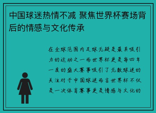 中国球迷热情不减 聚焦世界杯赛场背后的情感与文化传承